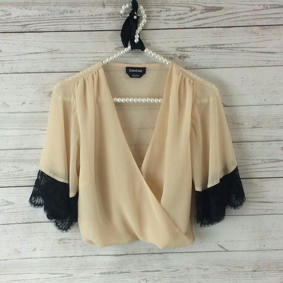 {BeBe} Lace Sleeve Crop Top - Picture 1 of 4